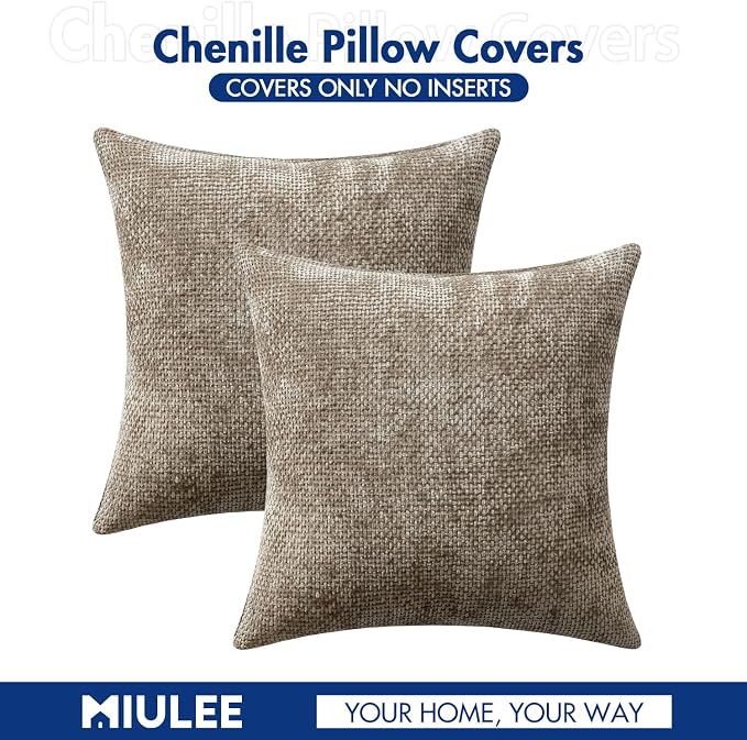 MIULEE Decorative Couch Throw Pillow Covers 18x18 Inch Neutral Khaki 2 Pack | Modern Boho Accent, Soft Chenille Pillow Covers, Farmhouse Cushion Cases for Home Decor Bed Sofa Living Room