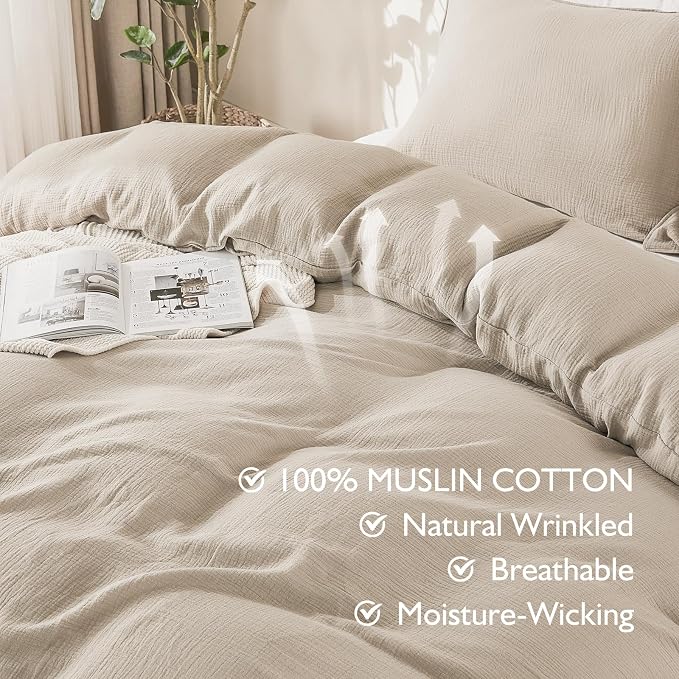 EMME Muslin Cotton Duvet Cover Set King Size Linen Like Soft Breathable Lightweight Summer Comforter Cover Set with Zipper Closure (King, 104"x90")