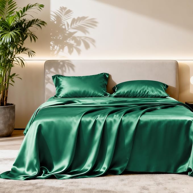 Love's cabin Twin Satin Sheet Set - 3 Piece Dark Green Silky Bed Sheets with Deep Pockets, Luxury Silk Feel Satin Twin Size Sheet Set Bedding Set (1 Flat Sheet,1 Fitted Sheet,1 Pillow case)