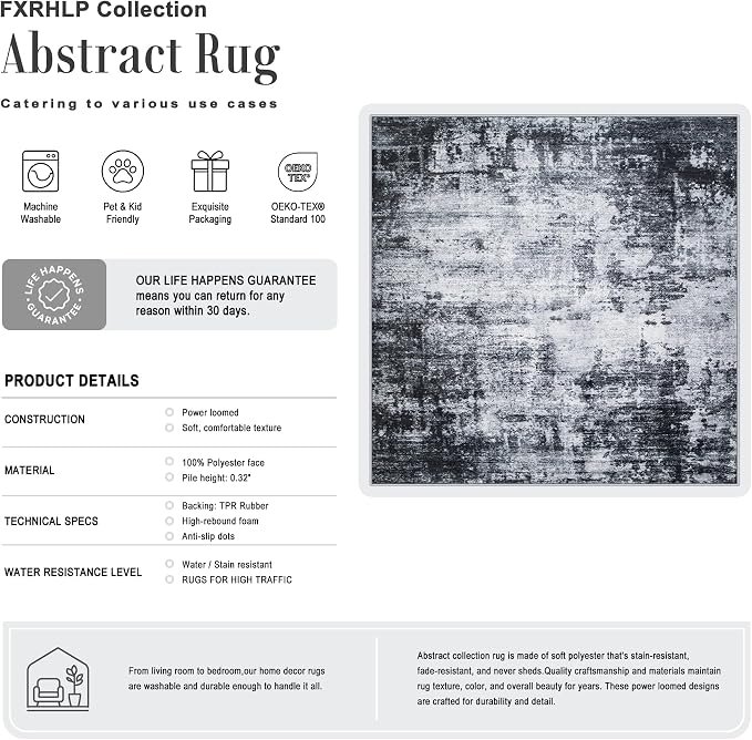 Area Rug Living Room: 8x8 Modern Washable Soft Carpet Dark Black | For Bedroom Dining Room Farmhouse Nursery Hallway Office,Modern Abstract,Machine washable,Non-Slip,Stain Resistant,Indoor