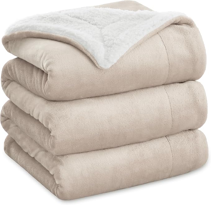 Bedsure GentleSoft Sherpa Fleece Blanket Queen Size for Bed, Non-Heated, Thick and Warm Throw for Women and Men, Soft Fuzzy Plush Queen Blanket for Winter, Beige, 90x90 Inches