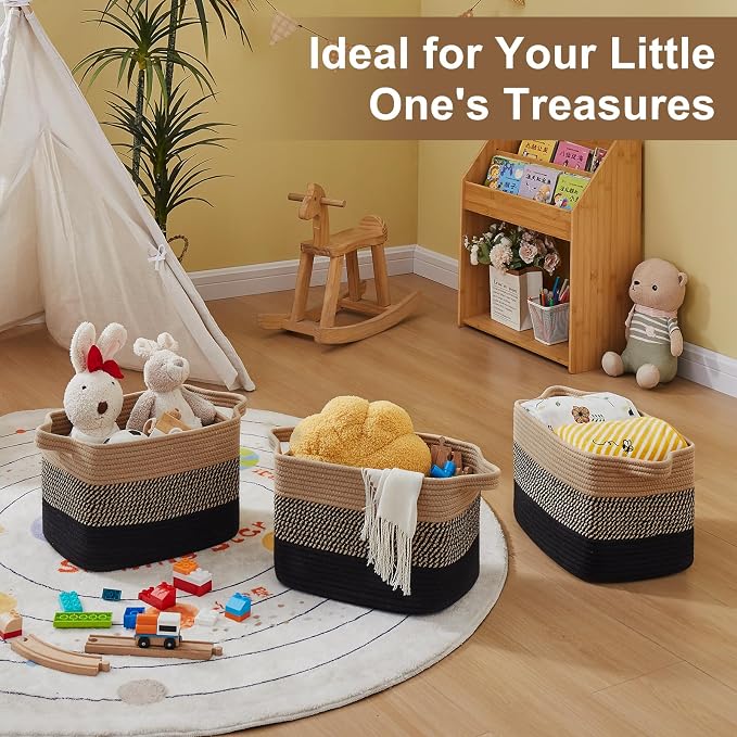 OIASKET Storage Basket for Organizing, Woven Baskets for Storage, Rectangle Decorative Baskets for Shleves, Closet, Toys, Books, Nursery Organizer Bins - Pack of 3 (Black & Brown, 13"x9.85"x8.7")