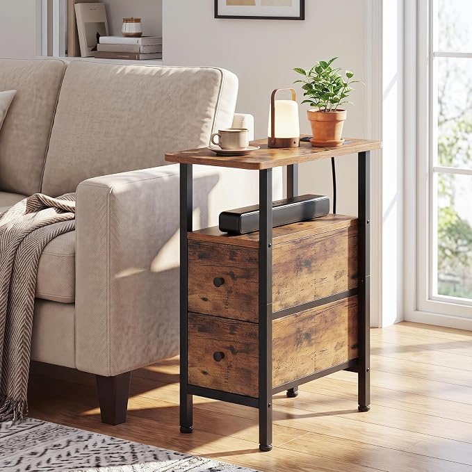 LOAKEKEL Narrow End Table with Charging Station, Small Nightstand | Skinny Side Tables Living Room with 2 Fabric Drawers, Slim Bedside Table for Bedroom, Small Spaces, Couch, Rustic Brown