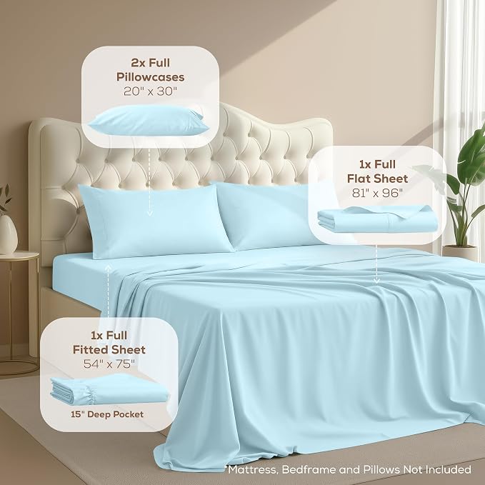Full Sheets Set, 4 Pieces 16" Deep Pocket Hotel Luxury Bed Sheets, Ice Blue | Extra Soft Bedsheet Set, Comfy & Breathable Cooling Sheets, Wrinkle & Fade Resistant, Fitted Sheet, Flat Sheet, 2 Pillowcases