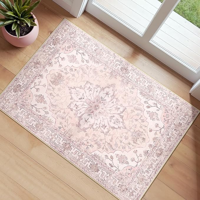 RELEANY Washable Area Rug, Small 2'x3', Pink | Non-Slip, Water Repellent, Pet Friendly, Easy to Clean, Vintage Floral Boho Decor for Kitchen Entryway Bathroom
