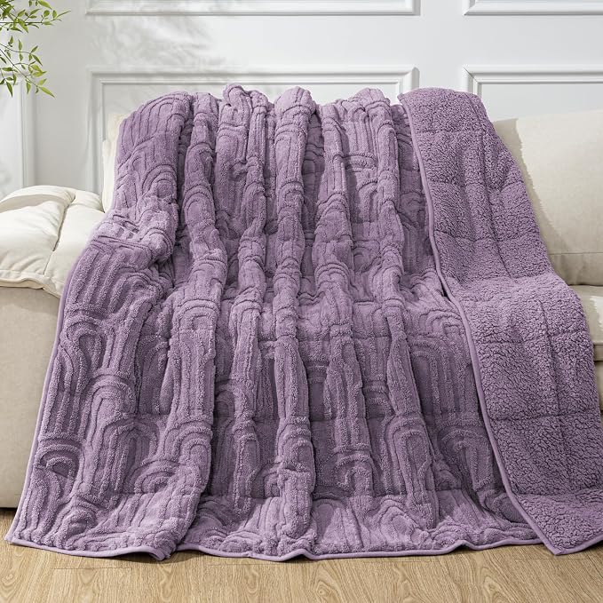 Cottonblue Jacquard Weighted Blanket for Adults 15lbs Twin Size Bed 48"x72" | Soft Fuzzy Sherpa Fleece Weighted Blanket Throw for Sleep Calm Relax, Fuzzy Warm Purple Arch Bed Sofa Heavy Blanket Washable
