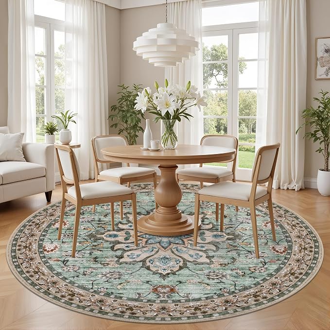 Round Area Rug for Living Room: 4ft Boho Washable Rug Brown Green | Vintage Boho Soft Round Rug Indoor Floor No Slip Carpet Stain Resistant Rugs for Bedroom Dining Room Nursery Home Office