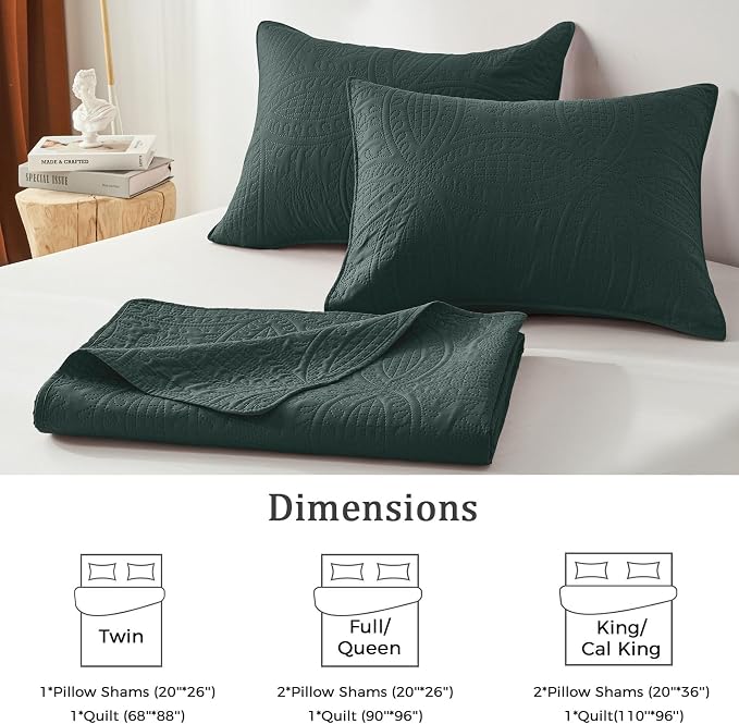 akkialla Mocha Forest Green King/Cal King Quilt Set,Ultrasonic Lightweight Bedspread Coverlet for Modern Minimalist Bedroom,Soft Microfiber Coin Pattern Bedding,3-Piece (1 Quilt,2 Pillow Shams)
