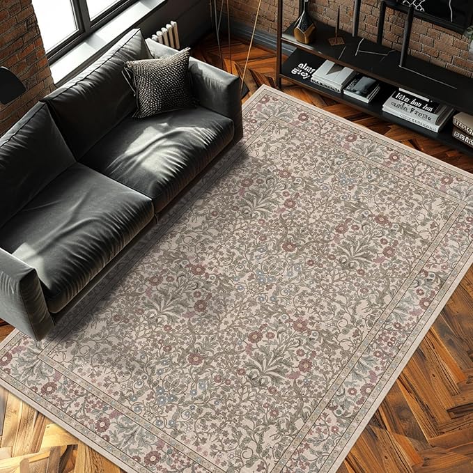 Vintage Moss Living Room Rug, 6x9 Washable Area Rugs for Dining Room Under Table, Soft Low Pile Large Carpet Bedroom, Non-Slip Boho Floral (6 x 9 Moss)