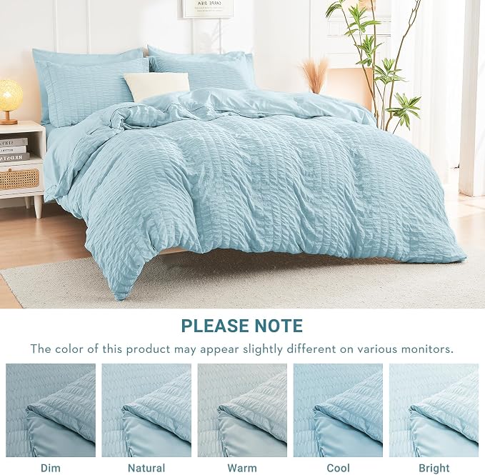 HYMOKEGE Lake Blue Oversized King Comforter Set Seersucker 7 Pieces, All Season Luxury Bed in a Bag for Bedroom, Bedding Set with Comforter, Sheets, Pillowcases & Shams