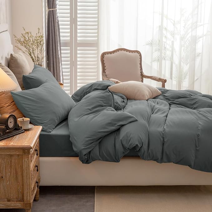 PURE ERA Jersey Knit Sheet Set Solid Dark Greenish Gray Twin | 100% Cotton, 3 Piece Set, T Shirt Soft, Breathable, Envelope Closure Pillowcases, Hidden Zipper, 8 Ties, No Insert, Modern