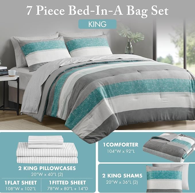 Madison Park Essentials King Comforter Set, Bed in A Bag Comforter & Sheet Set, Modern Casual Stripes Print, All Seasons, Soft Microfiber Bedding Makeover, Matching Shams, King Aqua/Grey 7 Piece