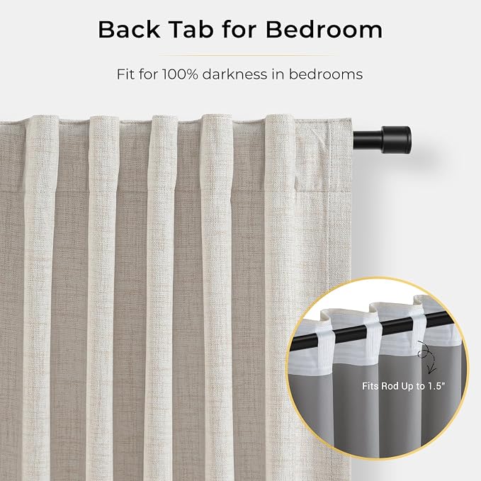 INOVADAY 100% Blackout Curtains for Bedroom Black Out Curtains 96 Inch Long | Beige Curtains for Living Room 2 Panels, Clip Rings Linen Look Blackout Drapes, Thermal Insulated Room Darkening,W50xL96