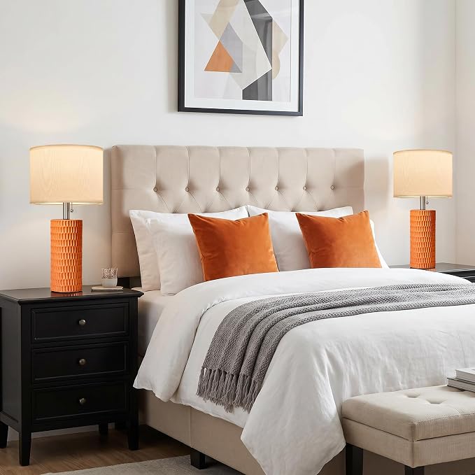 Reaketon 20” Modern Table Lamps Set of 2, Lamps for Bedroom, Orange | Ceramic Table Lamps for Nightstands, Small Table Lamps for Living Room, Bedside, End Table, Kids Room, Pull Chain Switch