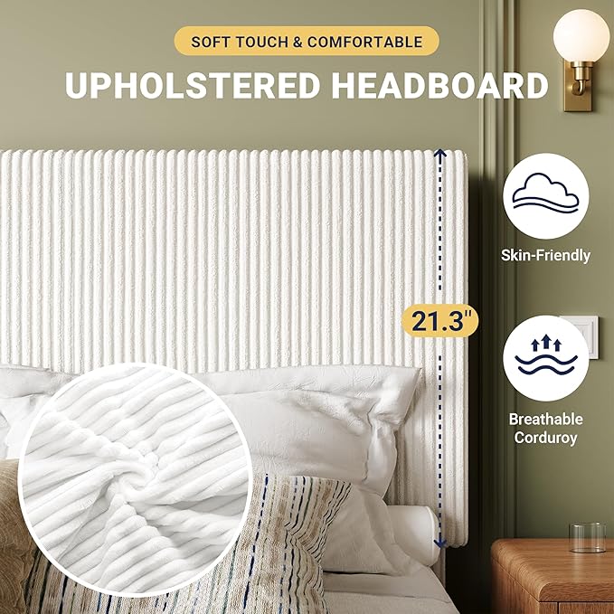 Allewie Queen Bed Frame, Adjustable Corduroy Headboard, Platform, White | Adjustable Headboard, Corduroy Fabric, Low Profile, Wooden Slats, 900 lb Capacity, No Box Spring Needed
