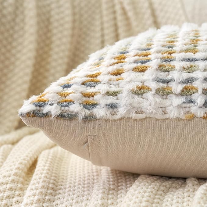 Aeckself Boho Chenille Tufted Pillow Cover 20 x 20 Inch, Decorative Square Throw Pillow Cover Neutral Pillowcase for Couch Bedroom Living Room, Yellow White