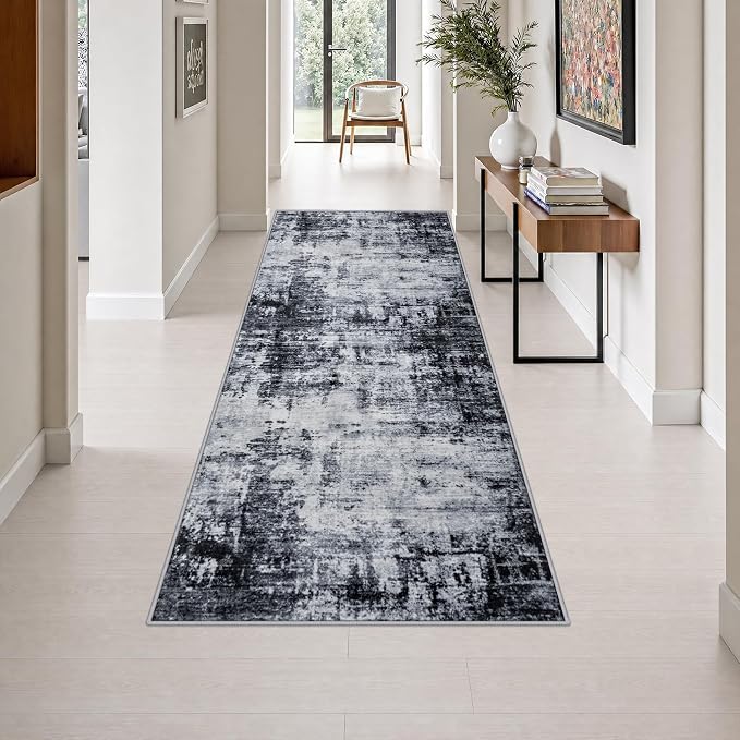 3x8 Washable Runner Rug：Modern Abstract Soft Carpet Dark Black | For Hallway, Bedroom, Kitchen, Laundry, Bathroom,Door Mat,Modern Abstract,Machine washable,Non-Slip,Stain Resistant,Indoor