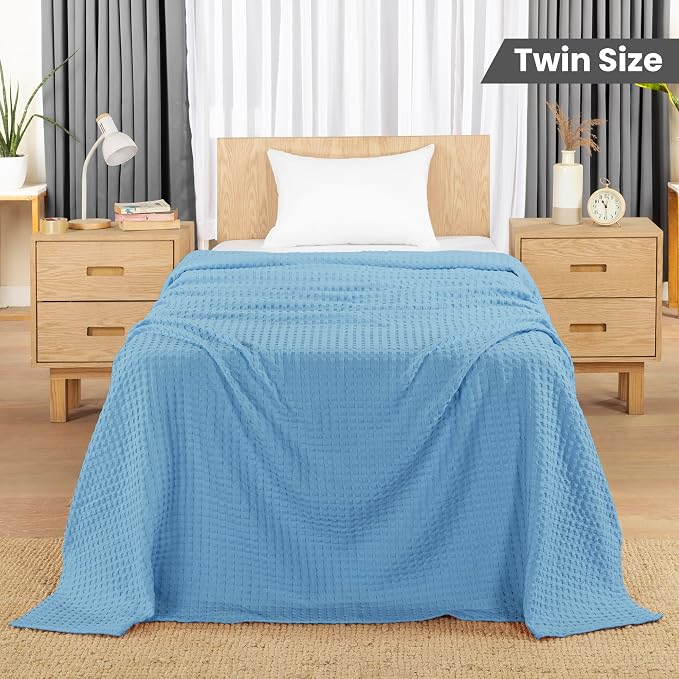 Utopia Bedding 100% Cotton Waffle Blanket Twin Size Sky Blue, 90x72 Inch | Lightweight Breathable Cozy Summer Bed Blanket Home Decor Gift for Women and Men