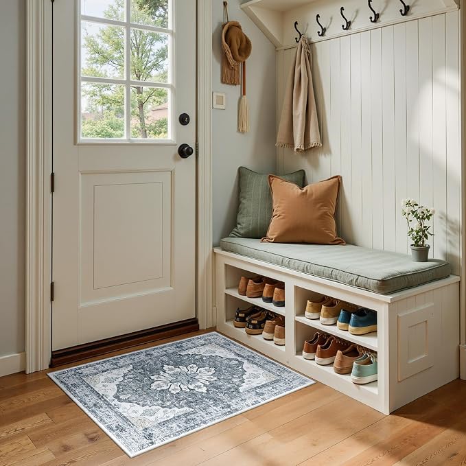 RELEANY Washable Area Rug, Small 2'x3', Grey/White/Beige | Non-Slip, Water Repellent, Pet Friendly, Easy to Clean, Vintage Floral Boho Decor for Kitchen Entryway Bathroom