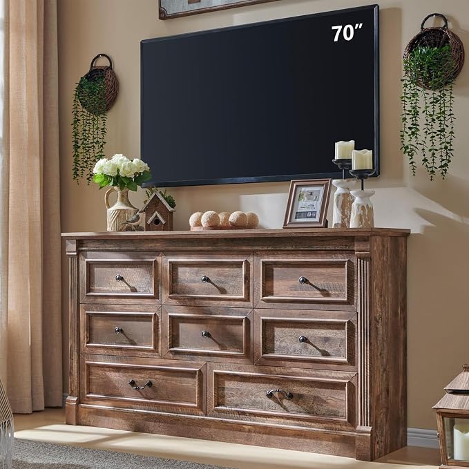 Aitjunz Farmhouse 61" Wide 8 Drawers Dresser for Bedroom, Light Brown | Chests of Drawers w/Roman Column, Large Storage Dressers Organizer w/2 Different Drawer Sizes for Bedroom,Living Room