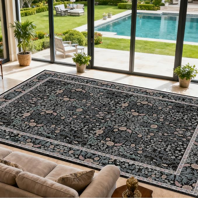 Area Rug for Living Room, 10x12 Large Washable Rugs for Dining Room, Bedroom, Non Slip Stain Resistant Carpet, Low Pile Vintage Floral Rug (Black)