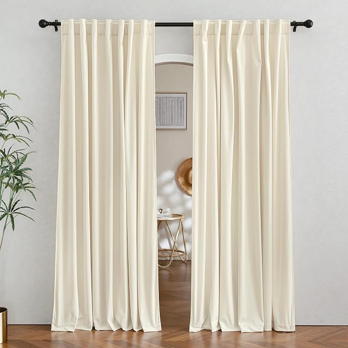 RYB HOME Velvet Curtains 96 inches Long for Sliding Patio Door | Thermal Insulated， Privacy UV Heat Blocking, Back Tab, Room Divider for Space Separation, W62 x L96, Cream White, 2 Panels