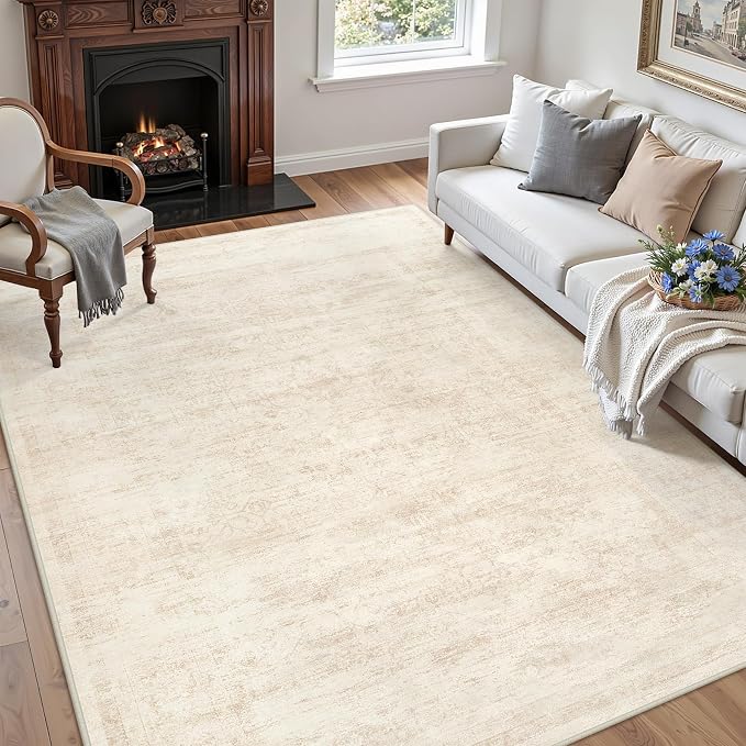 4x6 Area Rugs Living Room: Bedroom Washable Carpet Retro Beige | Large Vintage Boho Indoor Decor Neutral Soft Nursery Farmhouse Dining Room Office Floor Non-Slip Low Pile Under Table Rug