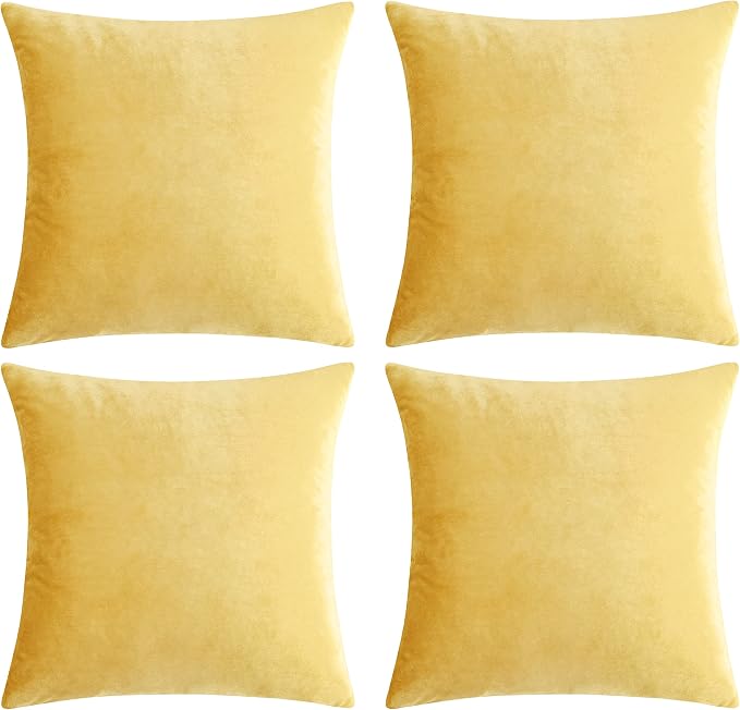 GIGIZAZA Decorative Throw Pillow Covers 16 x 16, Yellow Soft Pillow Covers Velvet,Set of 4 Decor Square Cushion Covers
