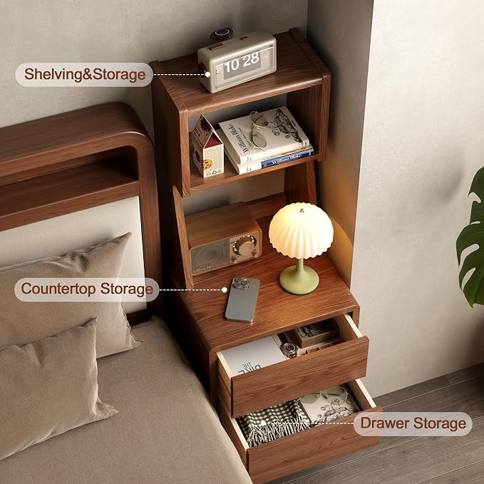 Solid Wood Bookshelf Nightstand Combo, Tall Nightstand with Bookshelf | Walnut Nightstand Bookshelf,Solid Wood Nightstand with Drawers,Open Shelf Bookcase,for Bedroom,Living Room,Offices