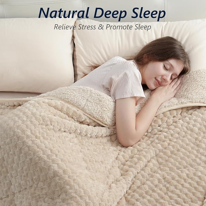 Mr. Sandman Weighted Blankets for Adults, Queen Size 60 x 80 Inches, 20lbs | Machine Washable; Soft Warm Sherpa Fleece; Jacquard Flannel Filled with Glass Beads; Heavy Throw for Sleep and Calm; Khaki