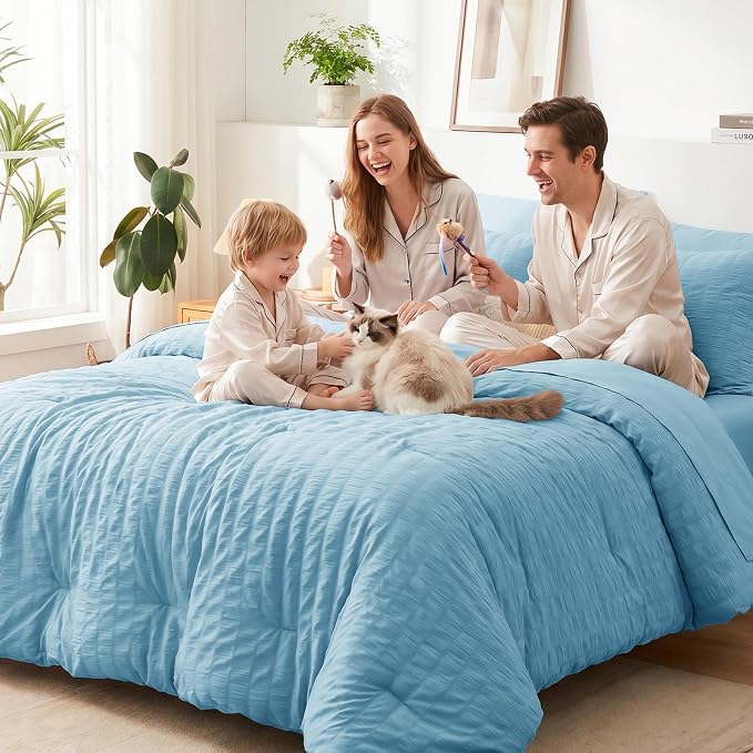 Queen Comforter Set, 7 Pieces Sky Blue Seersucker Bed in a Bag | OEKO-TEX Certified, All Season Bedding Set with 240 GSM Down Alternative Comforter, Flat & Fitted Sheets, Pillowcases & Shams