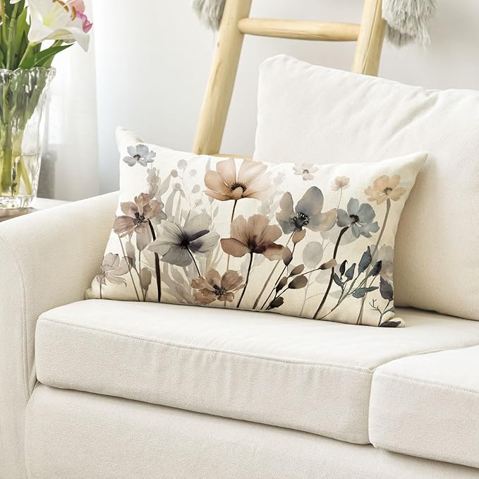 AVOIN colorlife Poppy Flowers Spring Fall Throw Pillow Cover 12x20 Inch | Chinoiserie Seasonal Leaves Cushion Case Decoration for Sofa Couch Farmhouse