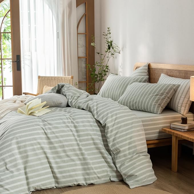 BESTOUCH Striped Cotton Duvet Cover Set Linen Feel California King | 100% Washed Cotton, Soft Wrinkle Texture, Hidden Zipper, 8 Ties, Breathable Lightweight Durable Comfy, 3 Pcs No Insert