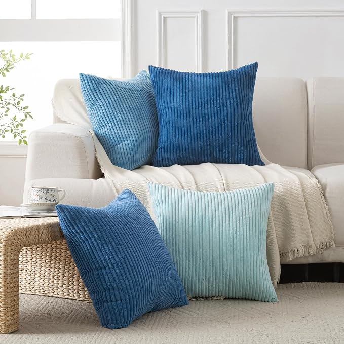 Volcanics Set of 4 Light Blue Corduroy Couch Throw Pillow Covers 18x18 in | Decorative Soft Modern Boho Striped Accent Cushion Cases for Beach, Patio, Balcony, Summer Gradient Shams Home Decor