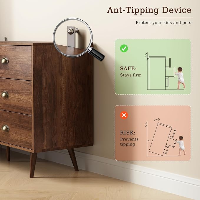 Walnut 6 Drawer Dresser for Bedroom, 47" Wood Dresser with Gold Handles. | Modern Dressers & Chests of Drawers for Living Room, Hallway, Entryway.