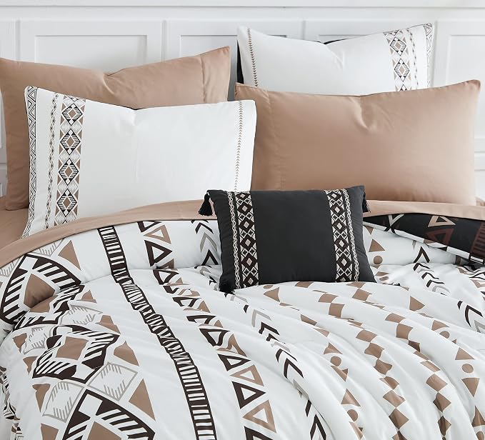 King Size Comforter Set - 7 Pieces Western Bedding Reversible Bed in a Bag | Boho Bedding, All Season Aztec Bed Set with Comforter, Sheets, Pillowcases & Shams, Brown