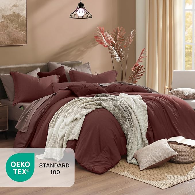 Monbix California King Comforter Set 7 Pieces Dark Red Bed in a Bag | Cationic Dyeing Reversible All Season Bedding Sets with Comforter, Sheets, Pillowcases & Shams