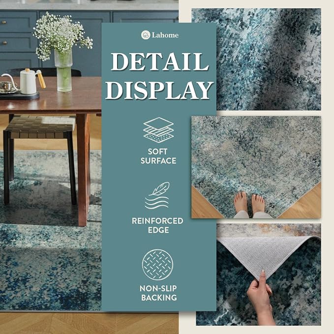 Lahome Modern Abstract Area Rugs 3x5 Washable Rug, Throw Rugs for Entryway Low Pile Anti Slip, Stain Resistance Accent Carpet for Bedroom Kitchen Bathroom Laundry Front Door, Blue/Grey