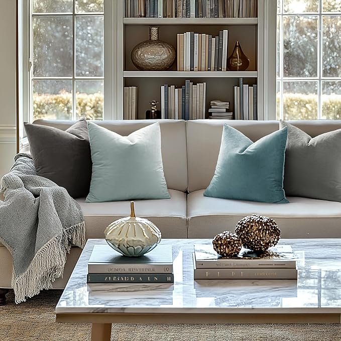 MIULEE Velvet Throw Pillow Covers 18x18 Inch Pack of 2 Light Blue | Soft Solid Decorative Pillow Covers, Modern Luxury Home Decor, for Couch Chair Sofa Bedroom Livingroom