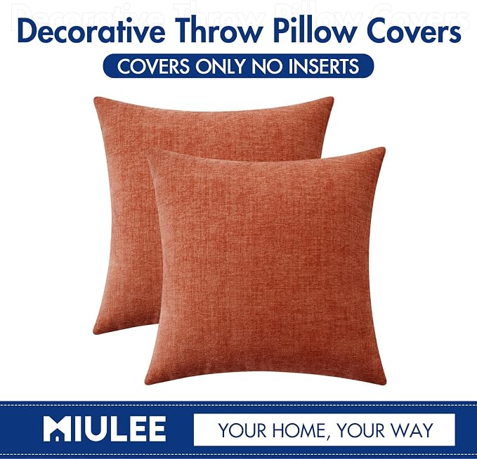 MIULEE Soft Chenille Fall Throw Pillow Covers Burnt Orange 16x16 Pack of 2 | Modern Fall Home Decor, Classic Decorative Pillows, Solid Dyed Cases, Boho Couch Cushion Covers for Sofa Bed Living Room