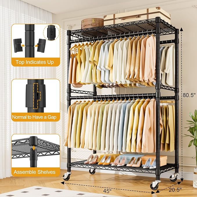 Rolling Clothes Rack, Clothing Racks for Hanging Clothes, Black | P4 Plus Heavy Duty Garment Rack with Wheels, Free Standing Portable Closet Racks 45''W × 20.5''D × 80.5''H, Max Load 570 Lbs