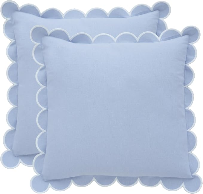 BEBE BASK Scalloped Pillow Cover Set of 2, 18x18, Cotton - Sky Blue/White | 100% Cotton, Scallop Pillow Covers, Grandmillennial Style, 18 by 18 Inch, Easy to Care, Machine Washable, Scalloped Pillows