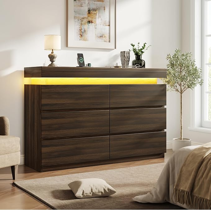 6 Drawer Dresser with LED Lights and Charging Station, Modern Brown Dresser | RGB Lights with App and Remote Control, Music Sync Mode, 6 Spacious Drawers and Durable MDF Storage for Bedrooms or Closets