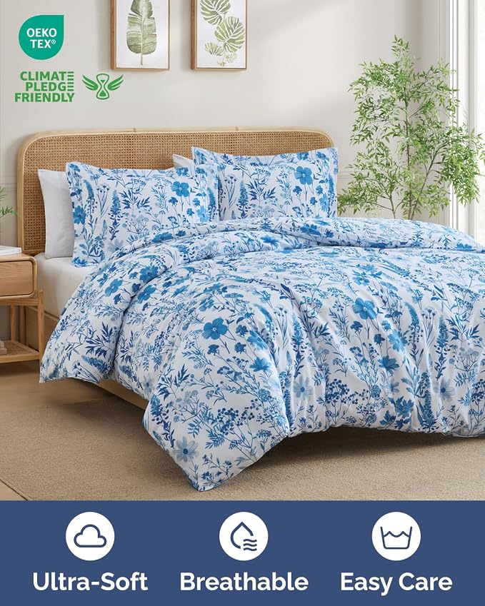 Duvet Cover King - Floral Duvet Cover - 3 Piece - Blue Dainty Floral | Soft Floral Duvet Cover 104 x 90 with 2 Pillow Shams, Zipper Closures & Ties, Floral Bedding for Women, Men, Kids & Teens