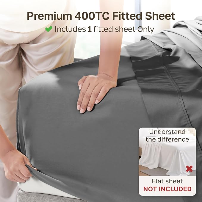California Design Den Soft 100% Cotton Sateen Twin XL Fitted Sheet, Grey | 400 Thread Count Backed by Good Housekeeping Seal, All-Around Elastic, No-Pop Fit, Durable, OEKO-TEX