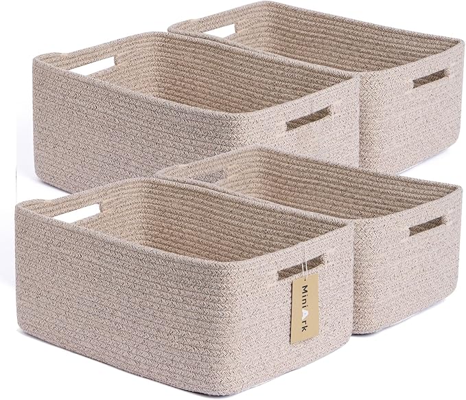 MiniArk Large Storage Baskets for Organizing, 17 x 13 x 7.5” Closet Shelf Baskets for Clothes Blanket Towels, Baby Nursery, Toy Bins Box, Woven Rope Baskets, 4 Packs Mixed Brown