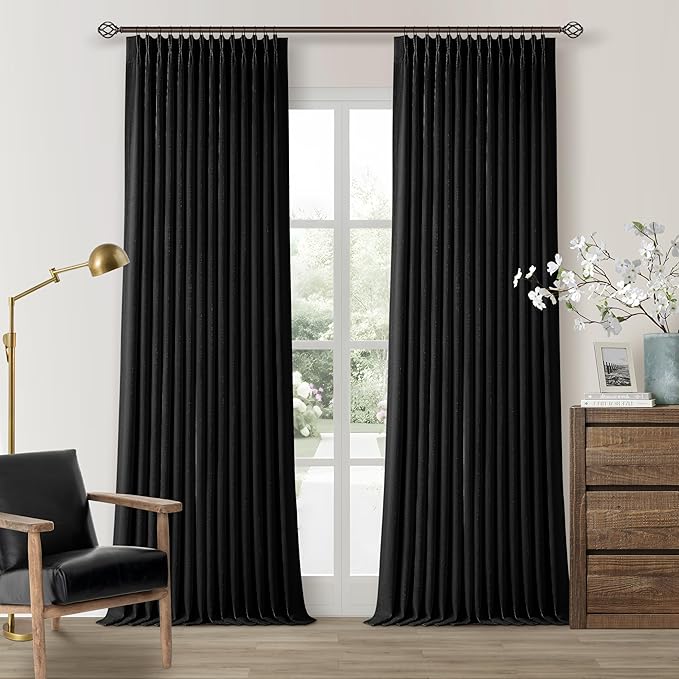 Black 100 Inch Pinch Pleated 100% Blackout Curtains with Liner 2 Panels Set | Thick Linen Textured, Energy Saving, Soundproof, Light UV Blocking, Thermal Insulated Curtain for Living Dining Room Bedroom