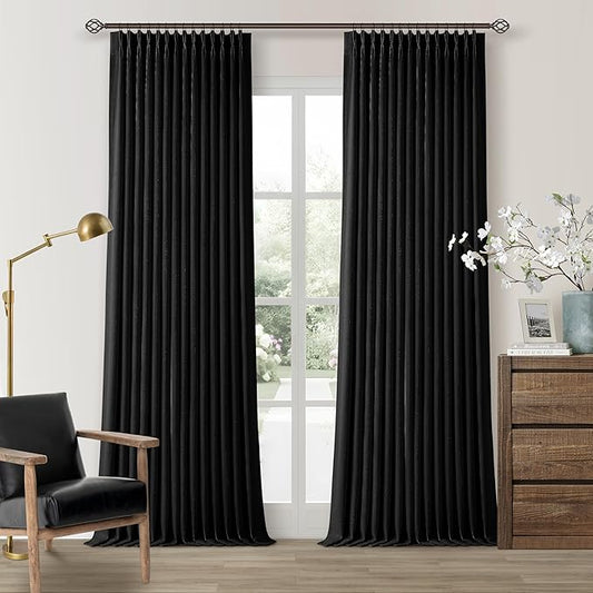 Black 100 Inch Pinch Pleated 100% Blackout Curtains with Liner 2 Panels Set | Thick Linen Textured, Energy Saving, Soundproof, Light UV Blocking, Thermal Insulated Curtain for Living Dining Room Bedroom