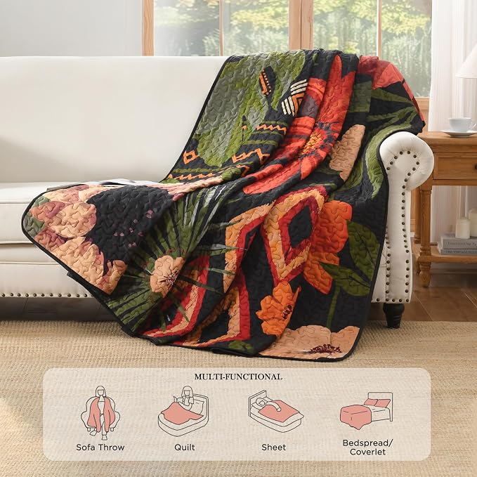 Quilt King Size, Black Floral Boho Summer Bedspread 3 Pieces | Red Flower Botanical Summer Bedspreads with 2 Shams, Reversible Polyester Coverlet Set for All Seasons, 106"x96"