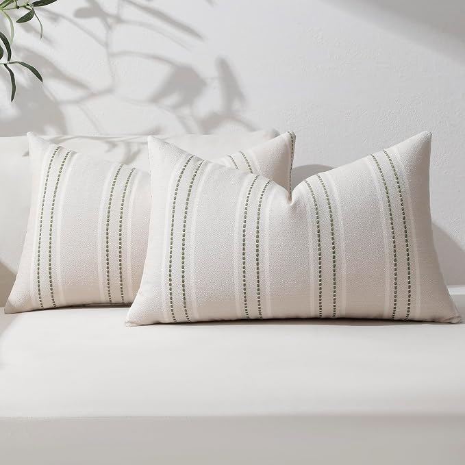 Hckot Sage GreenThrow Pillow Covers 12x20 Lumbar Striped Pillow Covers | Set of 2 Textured Linen Decorative Pillows Christmas Farmhouse Decor Cushion Covers for Couch Bed Living Room Home Decor